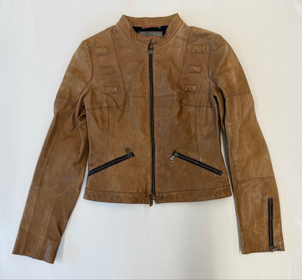 Y2K PRADA Tan Leather Moto Biker Jacket